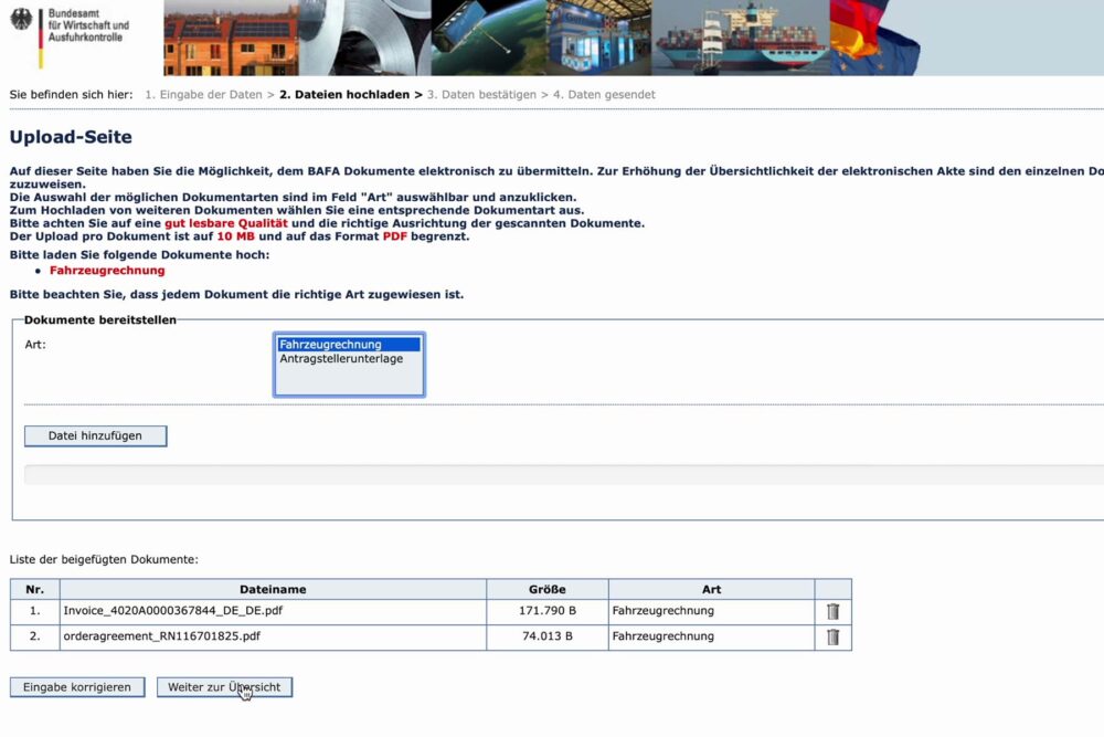 Dokumente hochladen bei BAFA Formular