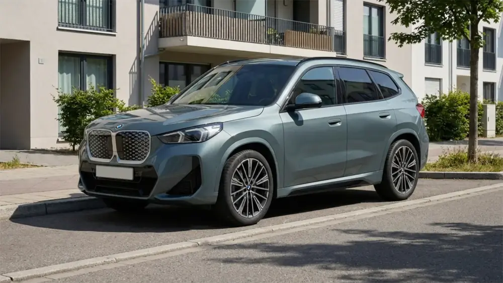 BMW iX1 mit M Sportpaket am Straßenrand