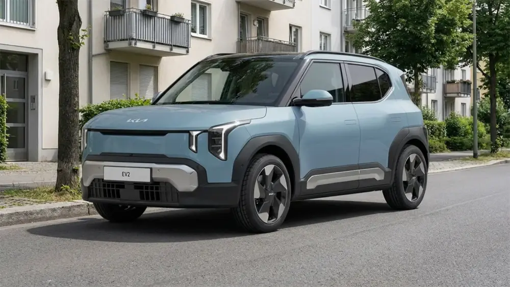 Kia EV2 Earth in Frostblau am Straßenrand