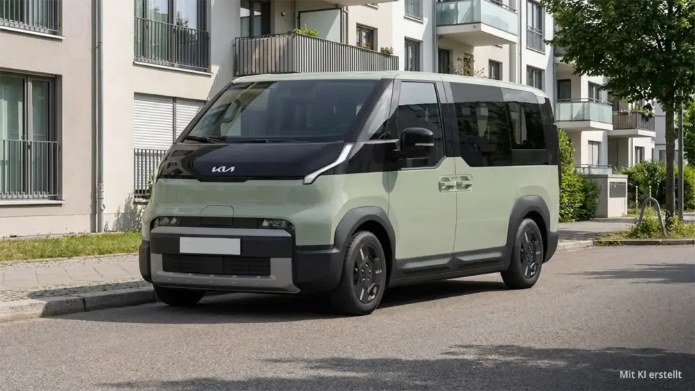 Der Kia PV5 Passenger Plus in Soft Mint Metallic am Straßenrand.
