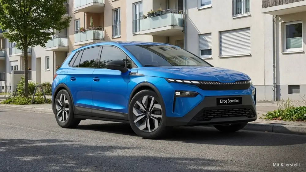 Skoda Elroq Sportline am Straßenrand in einer Wohnsiedlung