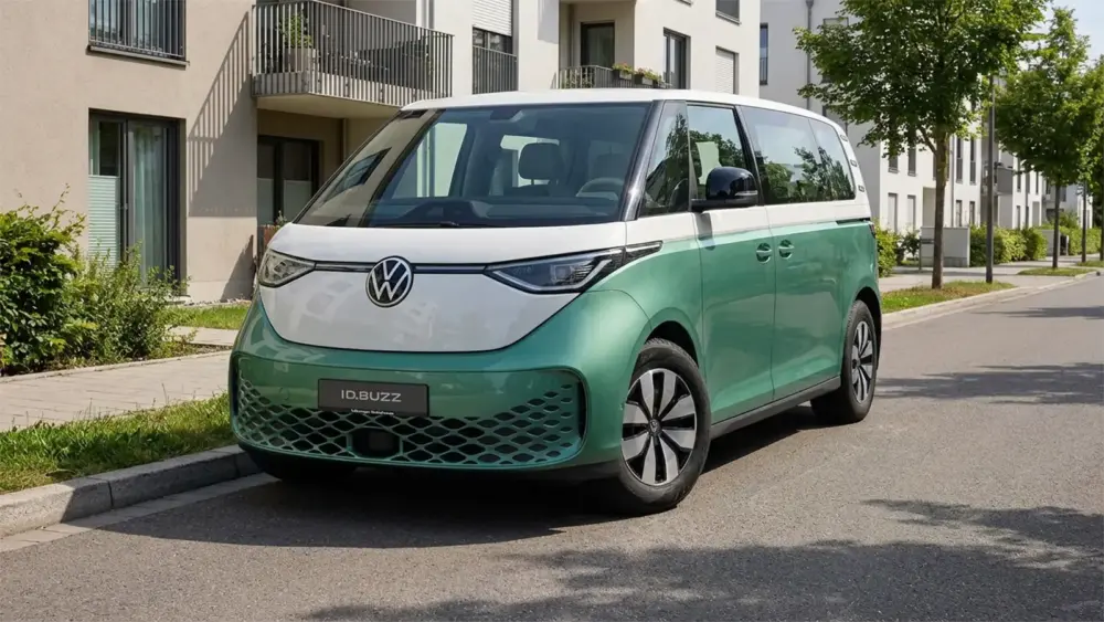 Der VW ID.Buzz mit langem Randstand und Zweifarb-Lackierung in einer modernen Neubausiedlung.