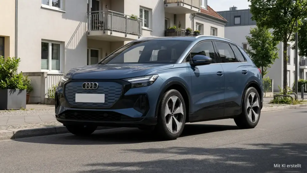 Audi Q4 e-tron am Straßenrand in einer Wohnsiedlung.