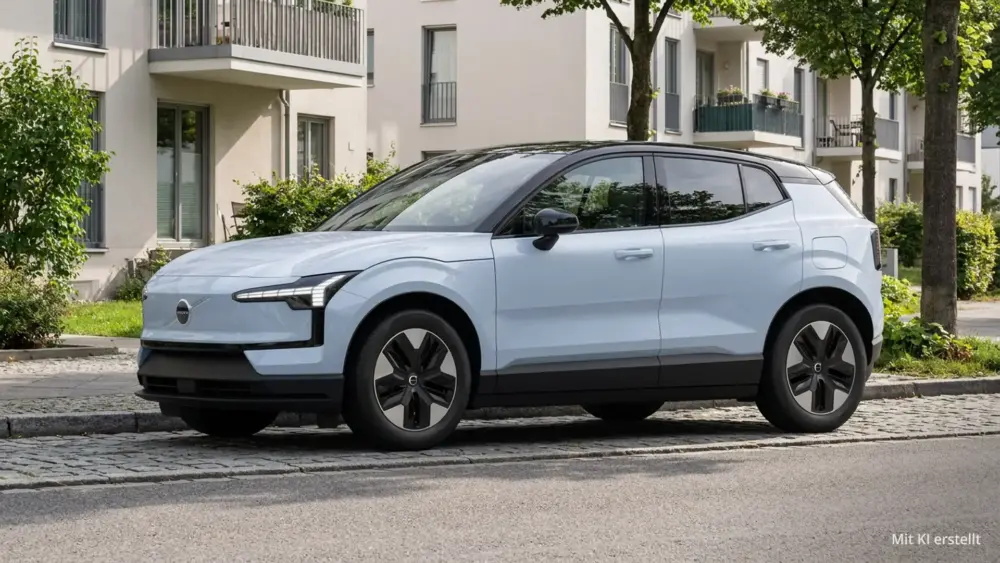Volvo EX30 Plus am Straßenrand in einer Wohnsiedlung.