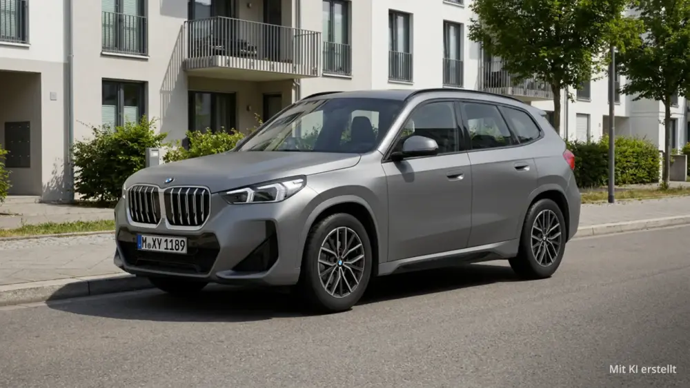 BMW X1 mit M Sportpaket am Straßenrand in einer Wohnsiedlung