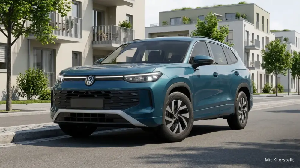 VW Tayron amStraßenrand in einer modernen Wohnsiedlung