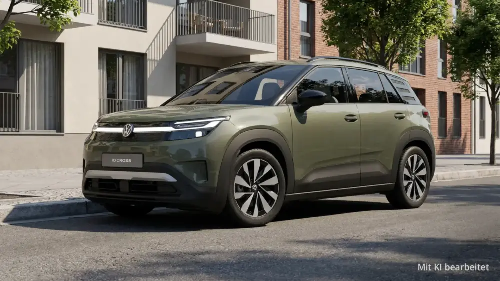 VW ID. Cross am Straßenrand in einer Neubausiedlung.