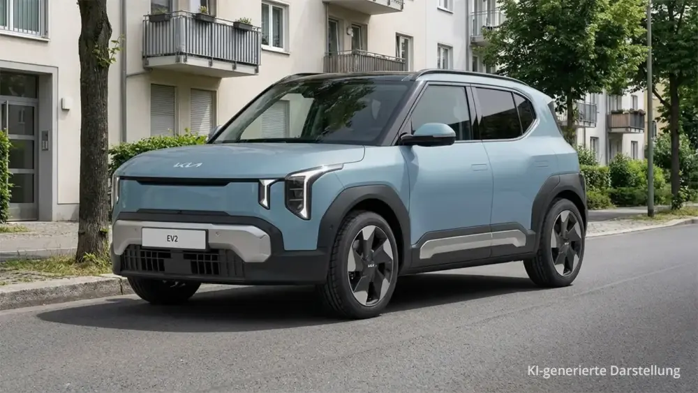KIA EV2 Earth am Straßenrand in einer Neubausiedlung.
