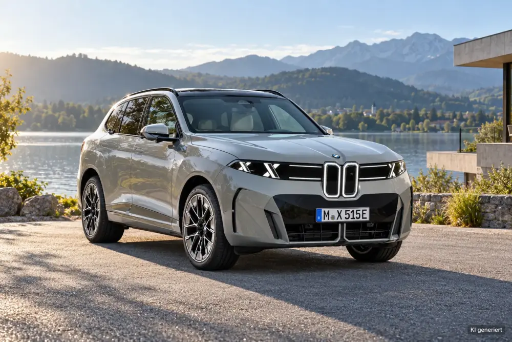 Silberner BMW iX5 auf einem Parkplatz am See mit Bergen im Hintergrund