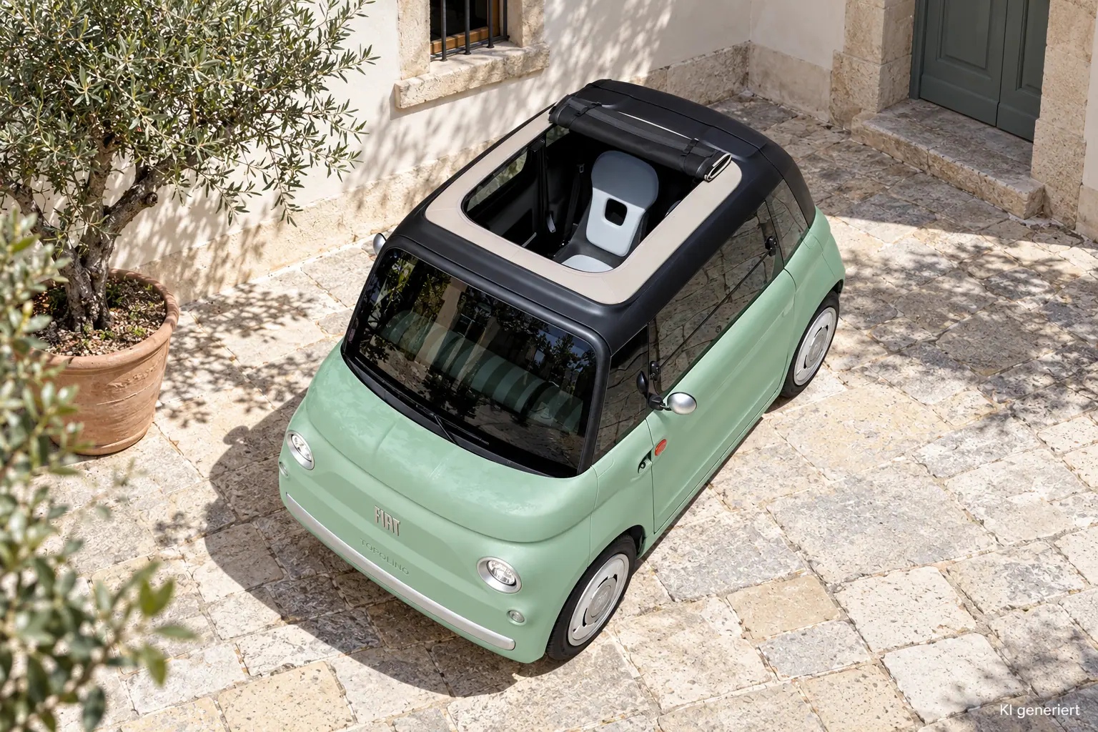 Fiat Topolino Dolcevita mit geöffnetem Stoffverdeck und geschlossenen Türen