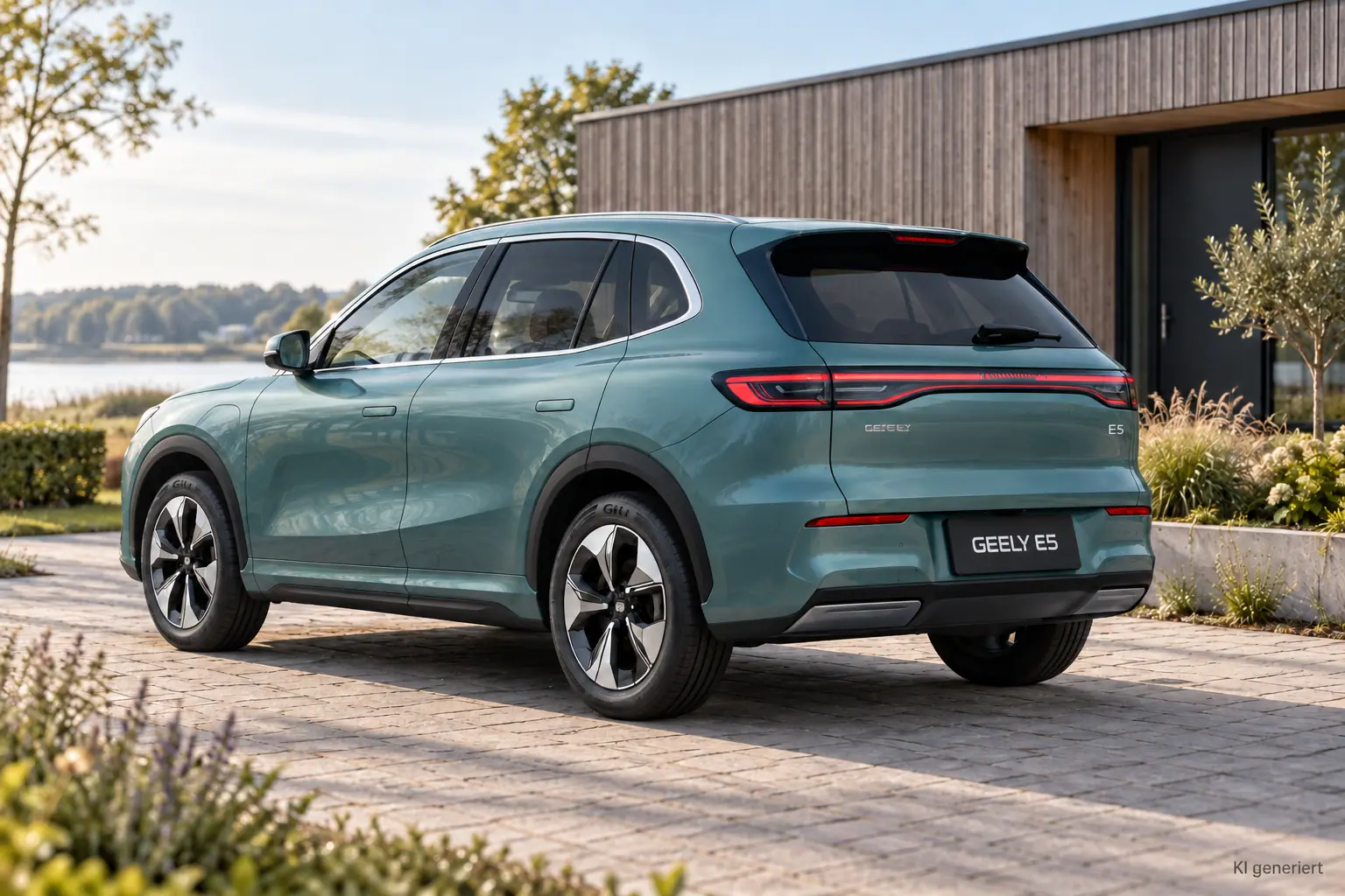 Grüner Geely E5 in hinterer Dreiviertelansicht vor einem Holzhaus