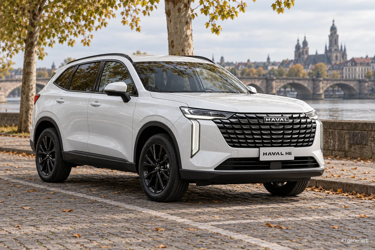 Weißer GWM Haval H6 an einer Uferpromenade mit Platanen