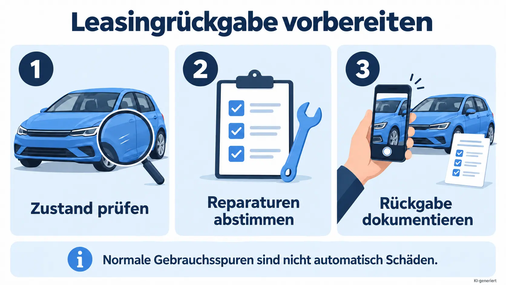 Infografik zur Leasingr&uuml;ckgabe mit drei Schritten: Zustand pr&uuml;fen, Reparaturen abstimmen und R&uuml;ckgabe dokumentieren
