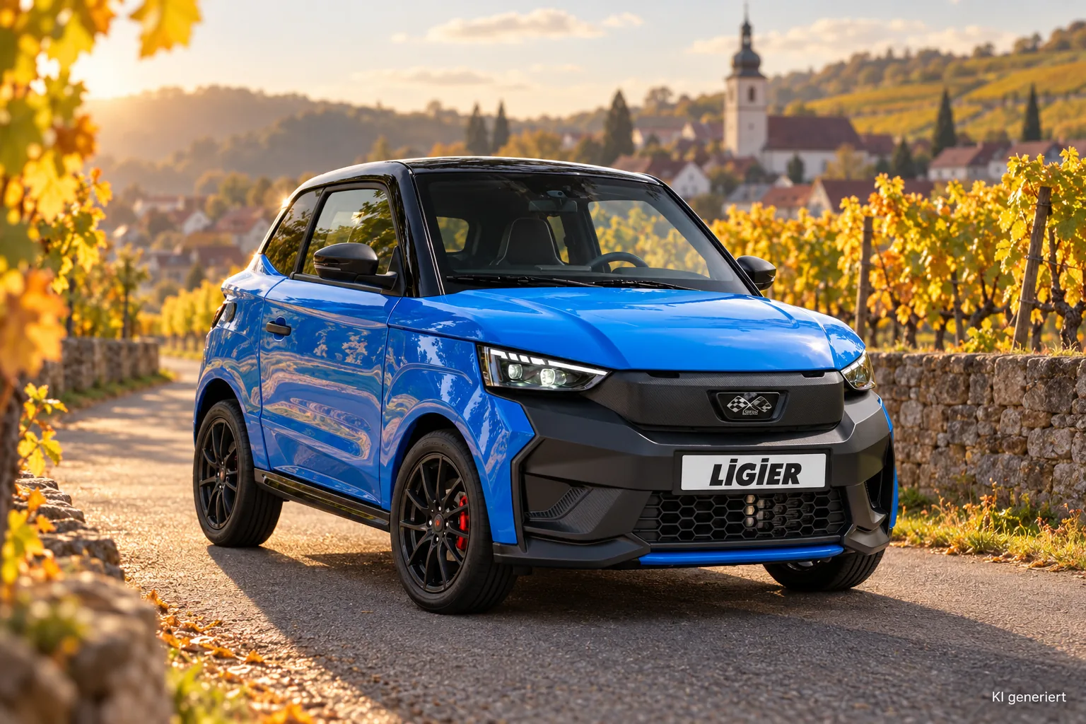 Blauer Ligier JS50 mit schwarzem Dach auf einem Weg zwischen herbstlichen Weinbergen