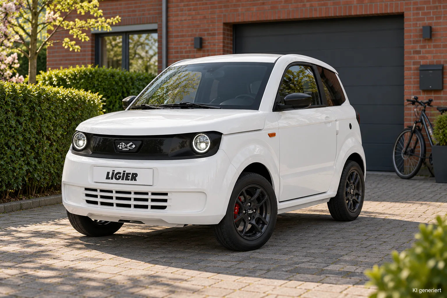 Weiße Ligier Myli MAX vor der Garage eines Reihenhauses aus rotem Klinker mit Hecke