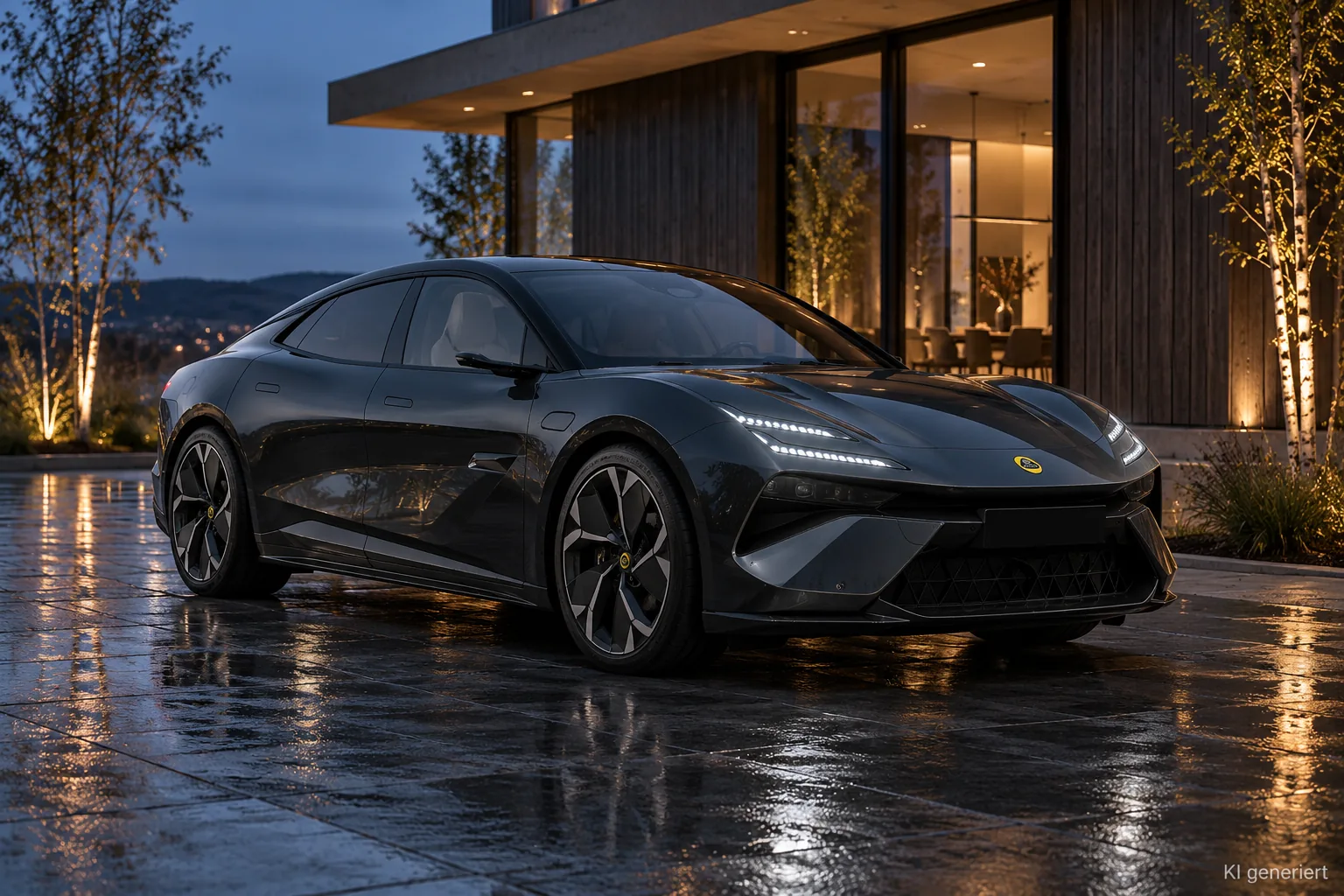Dunkelgrauer Lotus Emeya auf nasser Steinauffahrt vor einer modernen Villa zur blauen Stunde