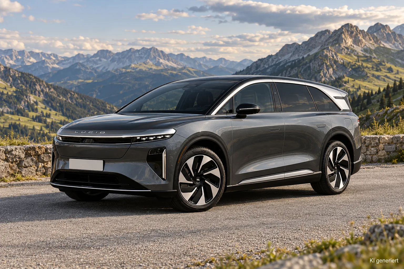 Dunkelgrauer Lucid Gravity auf einem Parkplatz an einer Alpenstraße