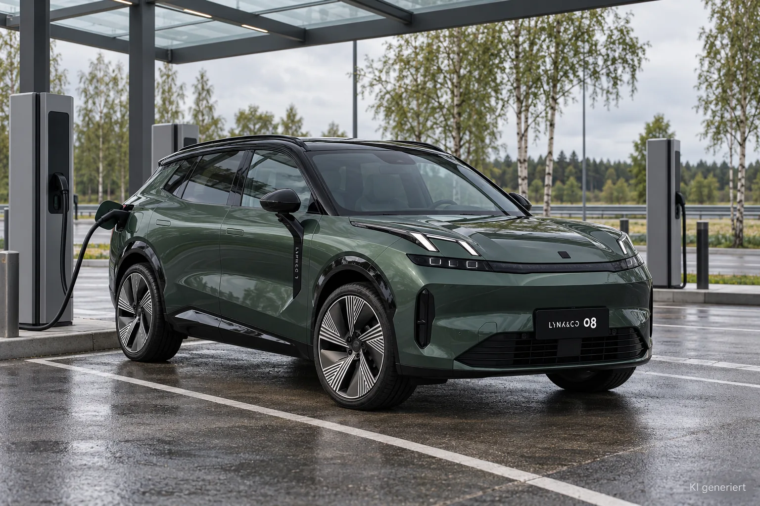 Dunkelgrüner Lynk & Co 08 an einer Schnellladesäule unter einem Glasdach an einer Autobahnraststätte