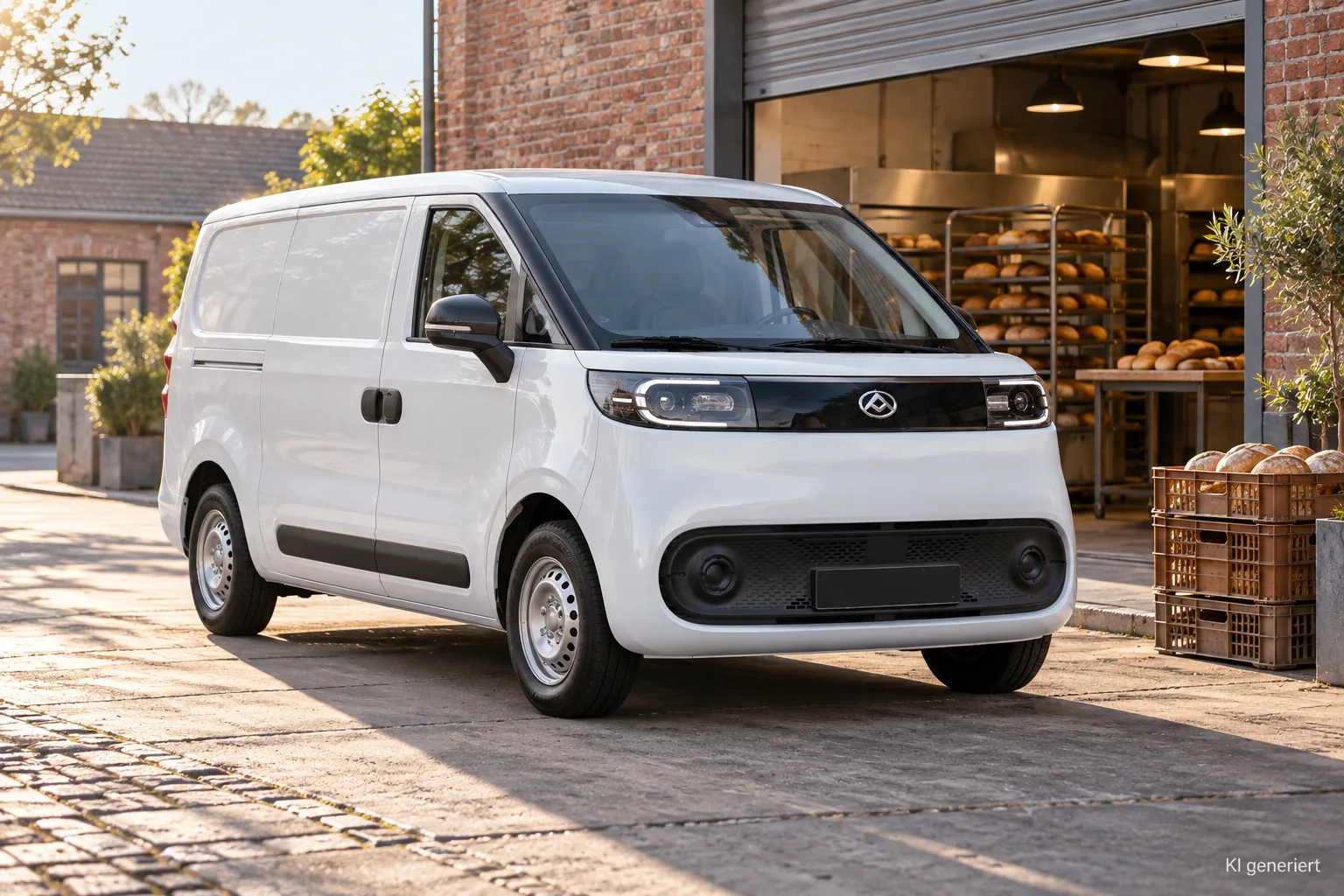 Weißer Maxus eDELIVER 5 Kastenwagen im Hof einer Bäckerei mit geöffnetem Rolltor und Brotkisten