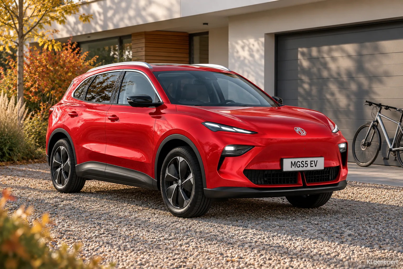 Roter MG S5 EV auf der Kiesauffahrt eines Einfamilienhauses mit Garage im Herbst