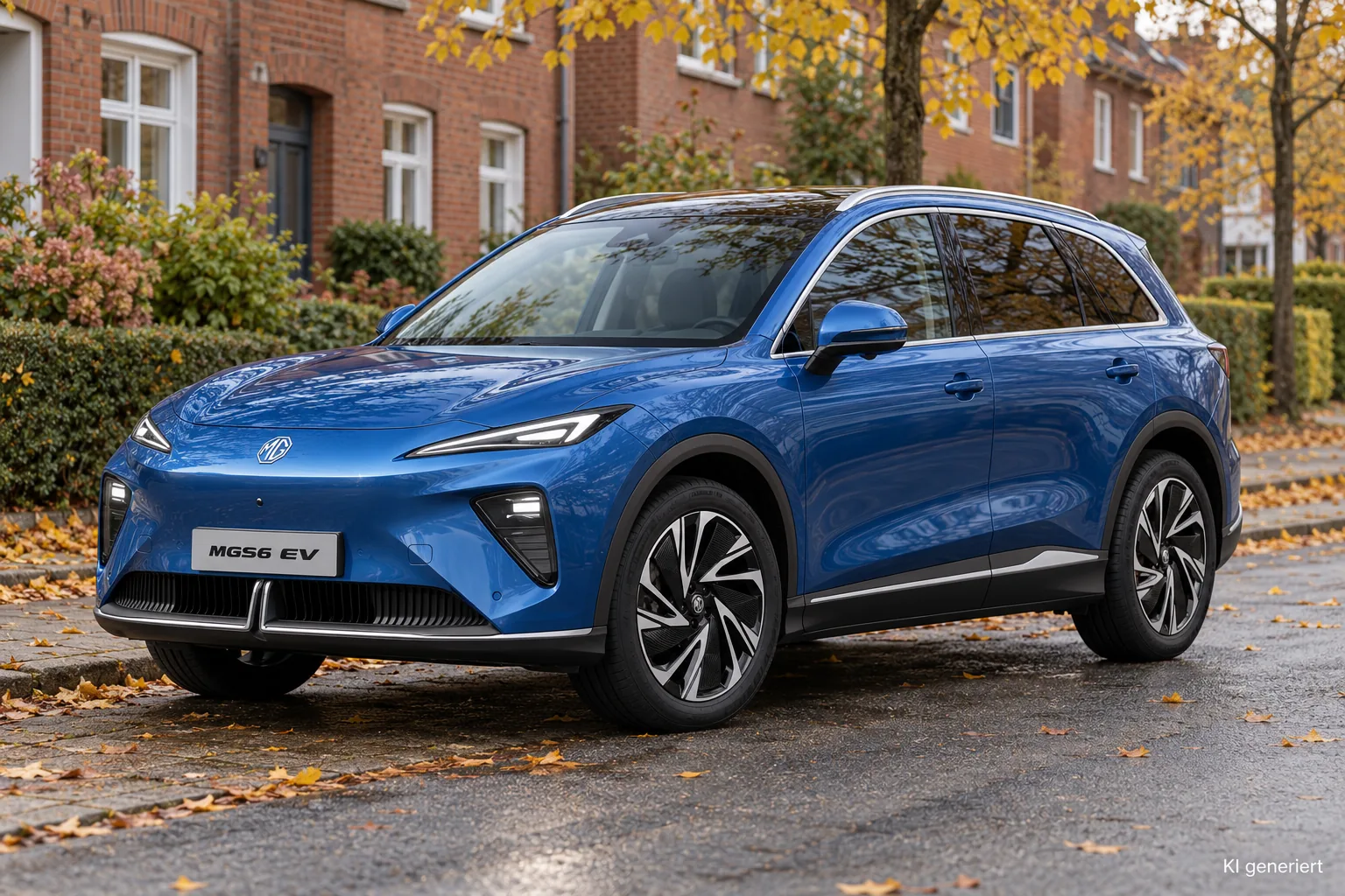 Blauer MG S6 EV am Straßenrand vor Backstein-Reihenhäusern mit herbstlichen Bäumen