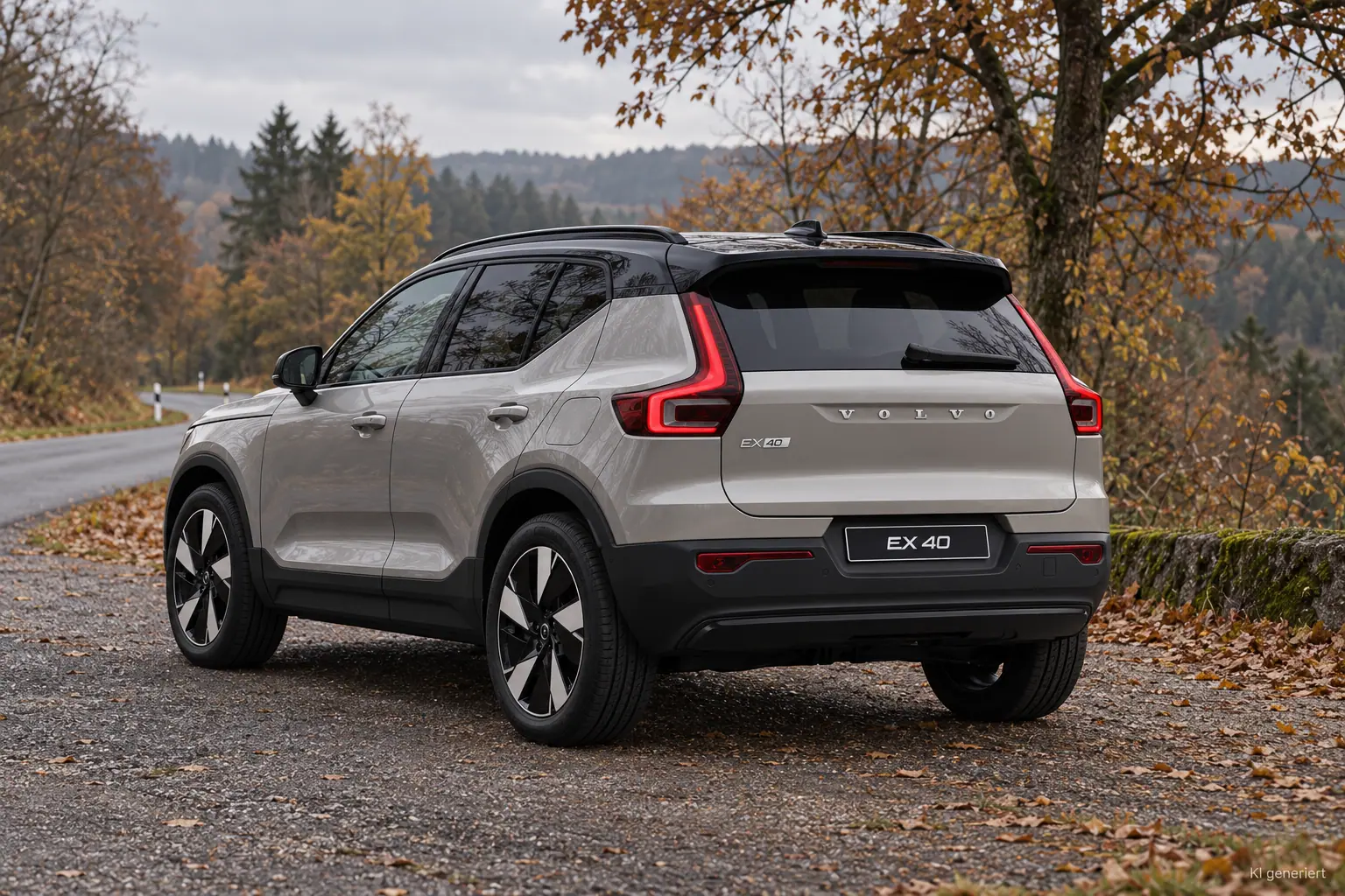 Silbergrauer Volvo EX40 mit schwarzem Dach in hinterer Dreiviertelansicht an einer Waldstraße