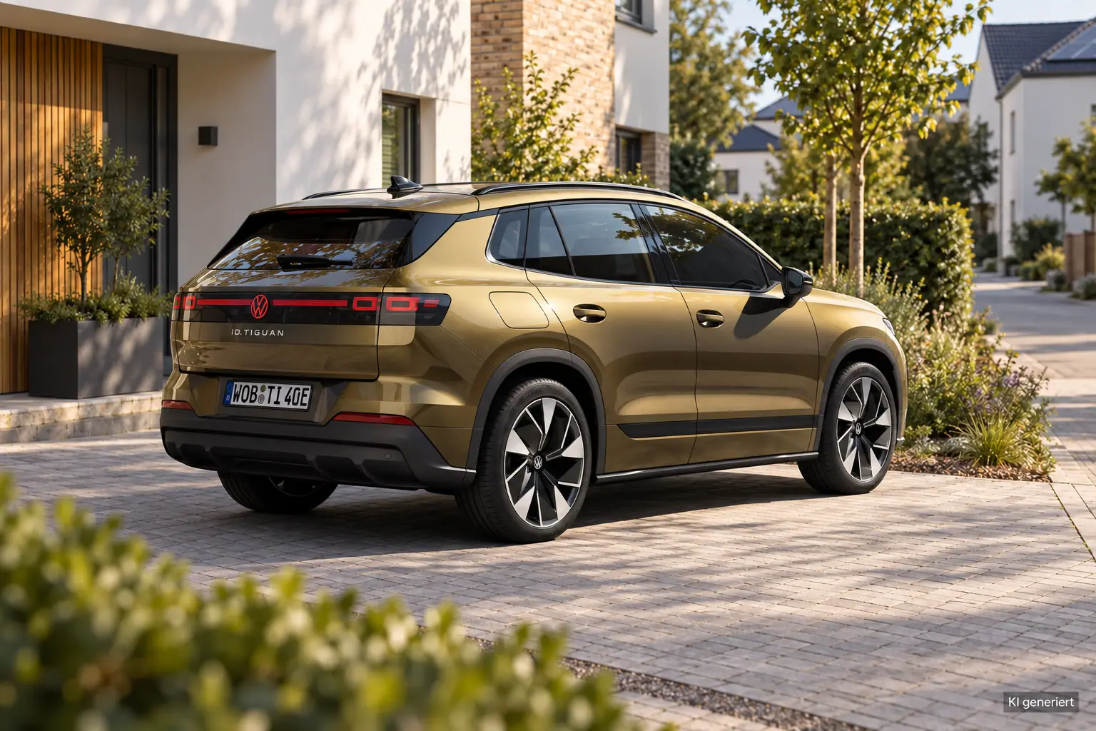 VW ID. Tiguan mit silber-schwarzen Felgen in Heckansicht vor modernen Wohnhäusern